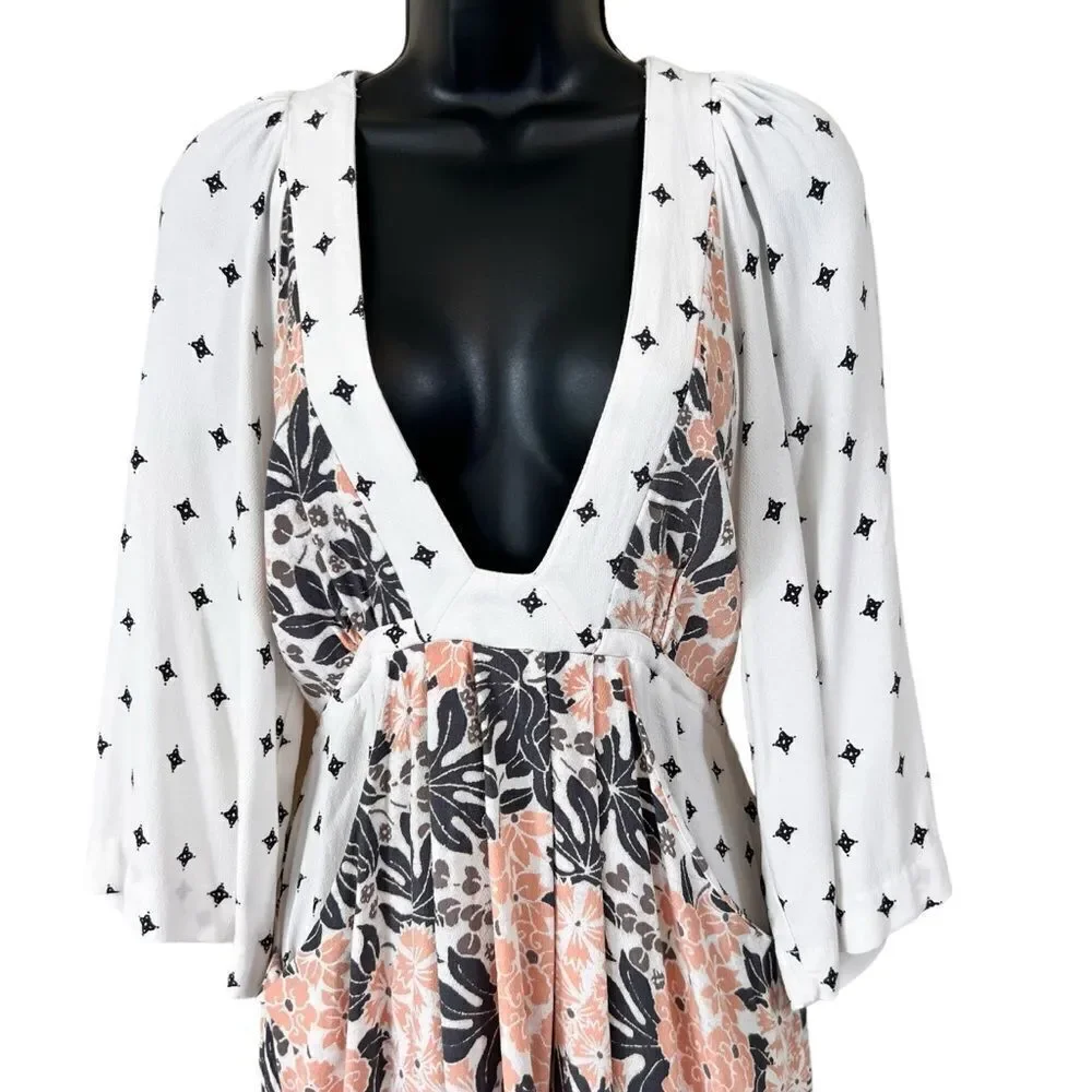 FREE PEOPLE Tallula White Print Kimono Sleeve Mini Dress Medium Neutral